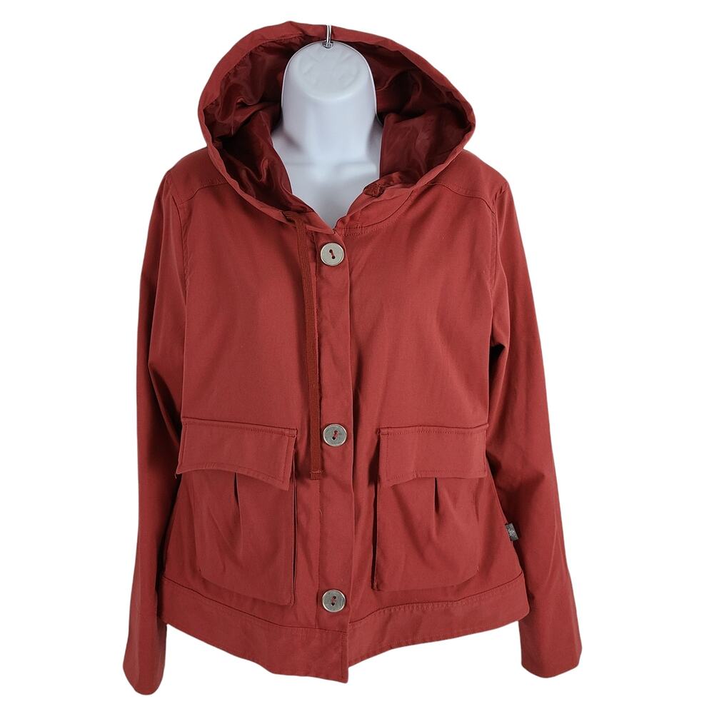 PrAna Hooded Jacket Zip and Snap Placket Button Flap Pockets Hooded Brick Red